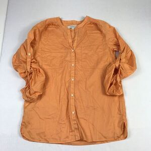 LOFT Womens Cotton Tunic Top Orange Button Down Long Sleeve Roll Tab Shirt Small